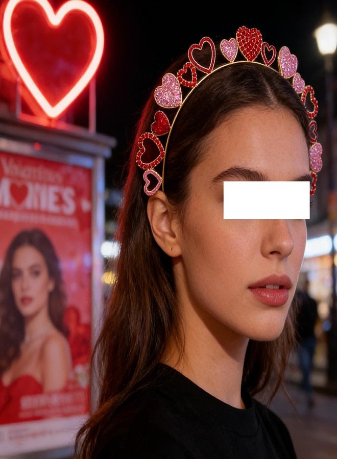 طوق شعر KTAABTR قطعة واحدة بتصميم قلوب حب وردية وحمراء مزينة بأحجار الراين، طوق شعر لامع على شكل قلب للنساء، مستلزمات تزيين الشعر، إكسسوارات شعر ذهبية لعيد الحب - Image 5